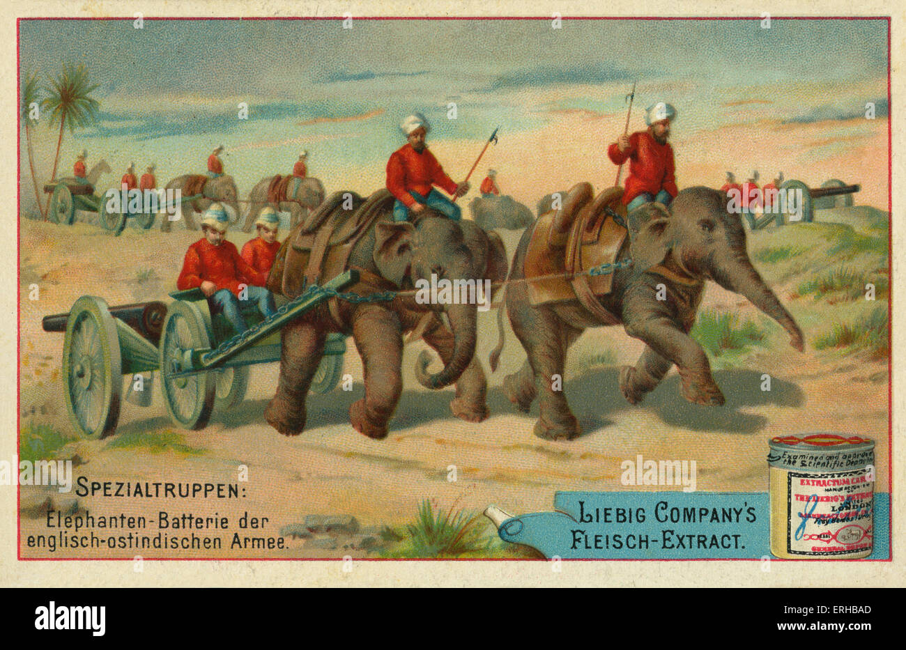 Elefant-Batterie der englischen Ostindien-Armee. (Deutsch: Elefanten-Batterie der Englisch-Ostindischen Armee). Liebig-Karte Stockfoto