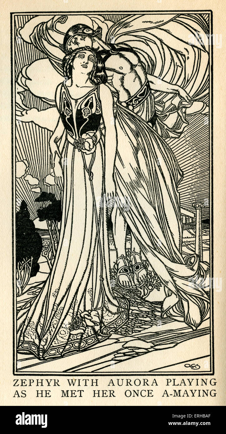 L von John Milton (1608-1674). Bildunterschrift lautet: Zephyr mit Aurora spielen, wie er sie einmal ein Maying kennengelernt.  Illustration von Stockfoto