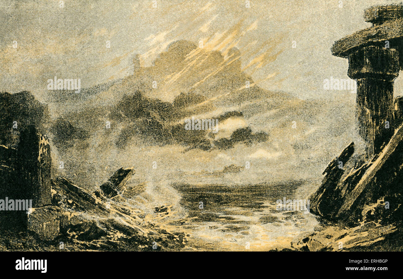 Richard Wagners (1813-1883) Götterdämmerung letzte Szene: Skizze der Landschaft um den "Ring des Nibelungen". Illustration von Stockfoto