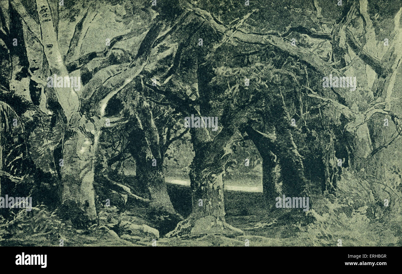 Richard Wagners Parsifal (1813-1883): Skizze der Landschaft, Akt I Szene I. Illustration von Heinrich Nisle. Stockfoto