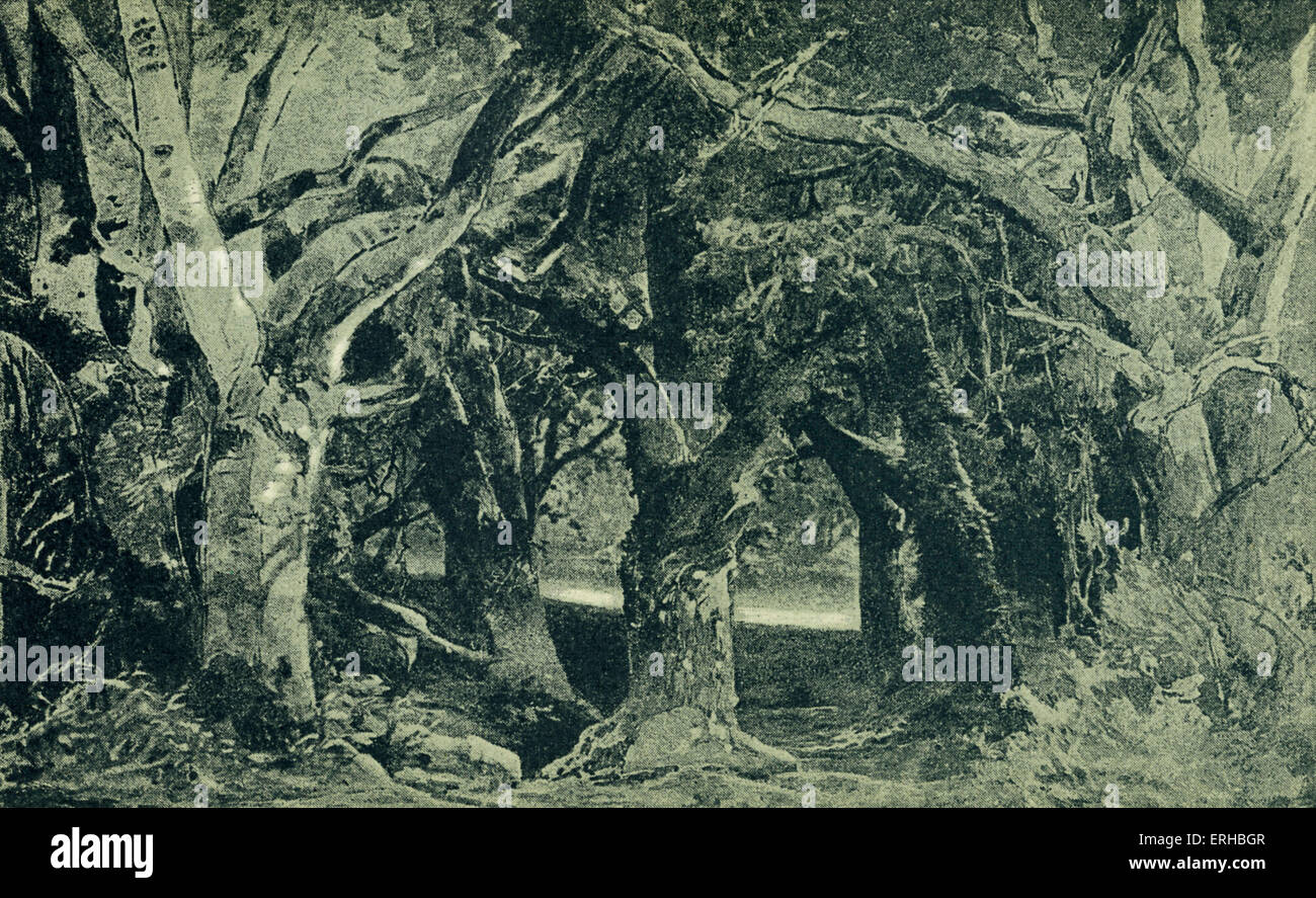 Richard Wagners Parsifal (1813-1883): Skizze der Landschaft, Akt I Szene I. Illustration von Heinrich Nisle. Stockfoto Richard Wagners Parsifal (1813-1883): Skizze der Landschaft, Akt I Szene I. Illustration von Heinrich Nisle. Stockfoto