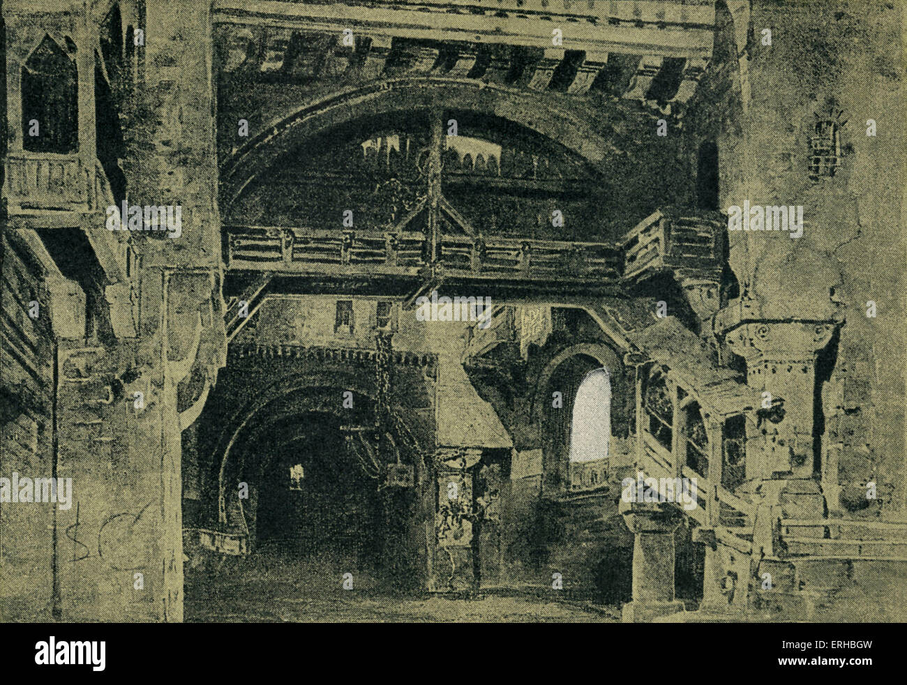 Richard Wagners Parsifal (1813-1883): Skizze der Landschaft, Akt II, Szene I. Illustration von Heinrich Nisle. Stockfoto