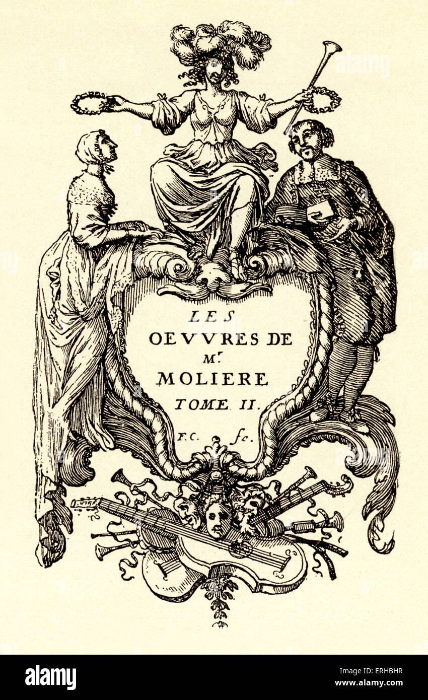 Werke von Molière, 2. Band - Titelseite mit Kupferstich von F. Chauveau. 1666, Paris. M: Jan-Baptiste Poquelin. Französisch Stockfoto