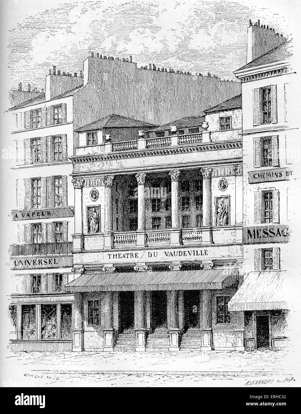 Fassade des Theaters du Vaudeville, Paris, Frankreich, 1827. Stockfoto