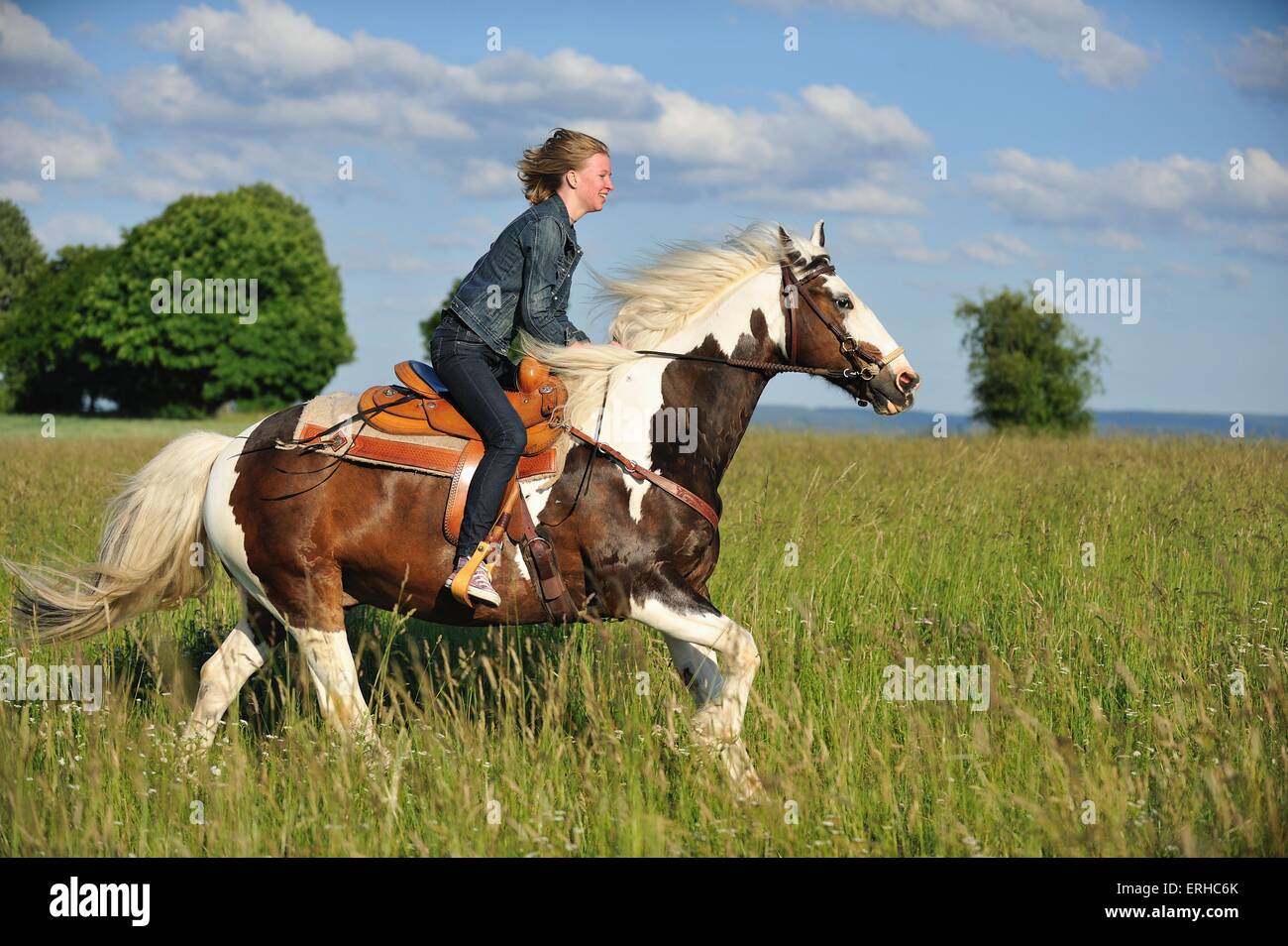 Frau reitet auf Pferd Stockfoto