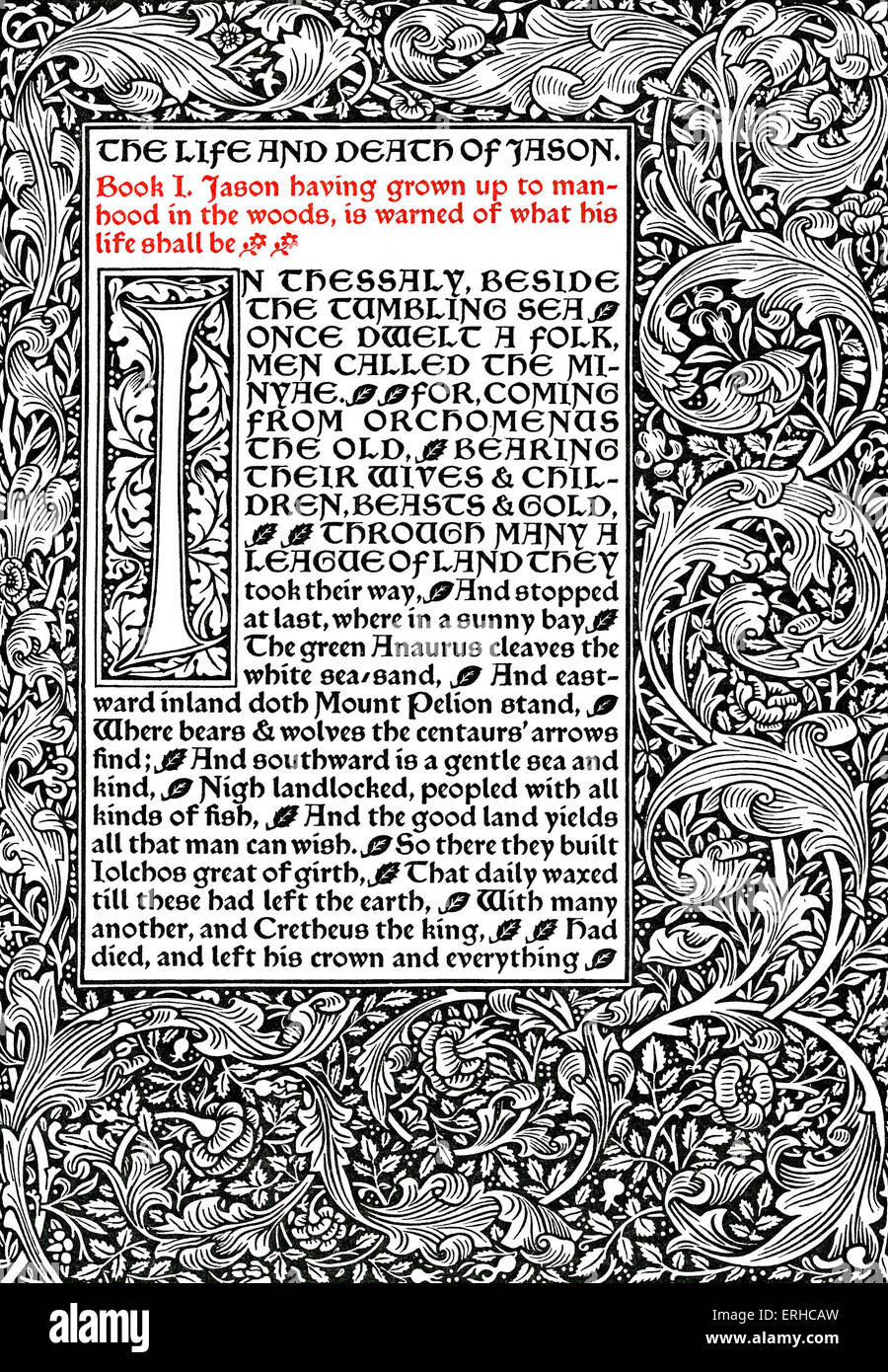 Seite aus "Die Wasser des wundersamen Inseln", ein Fantasy-Roman, geschrieben von William Morris. Inmitten von 'Chaucer' Art und entworfen von Stockfoto