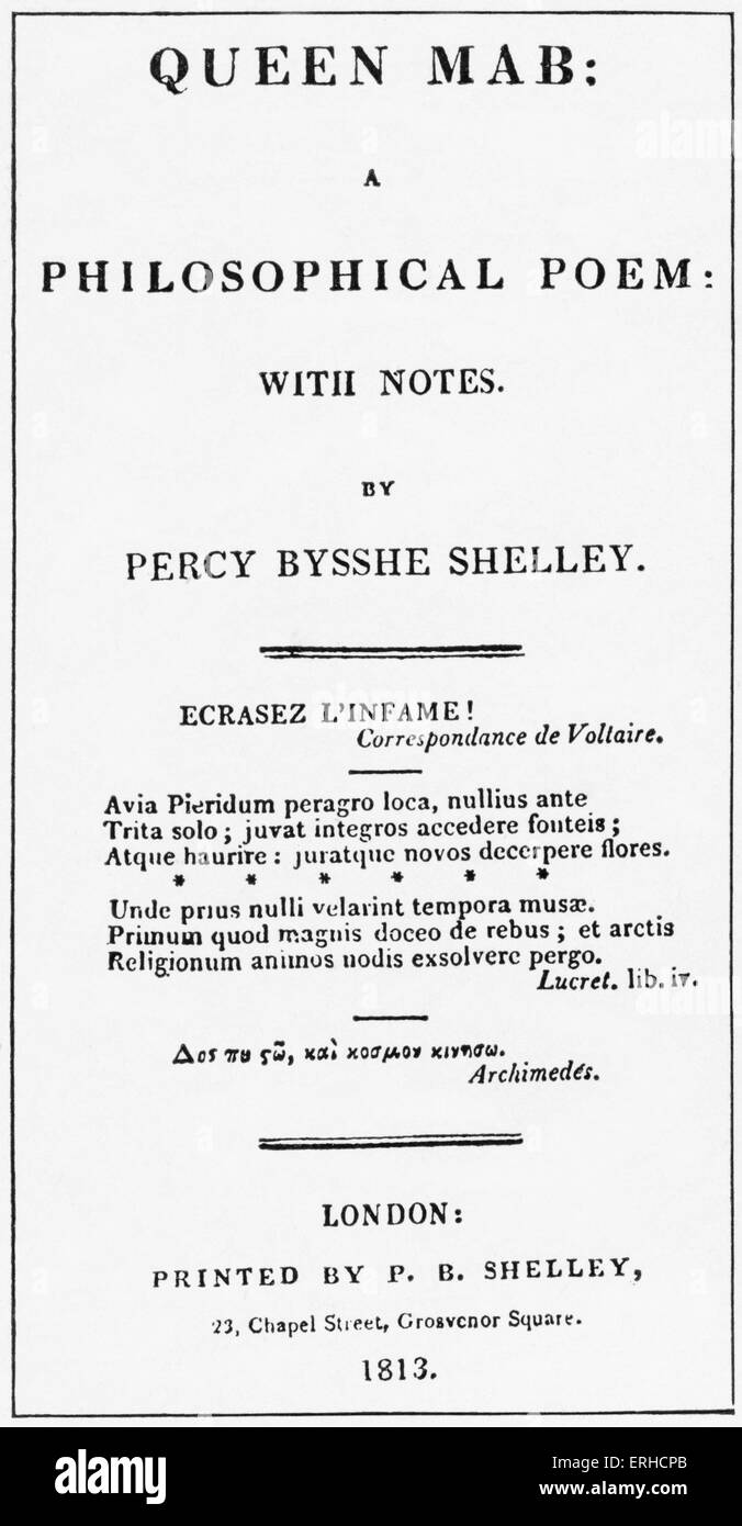 Titelblatt der Erstausgabe, "Queen Mab: A philosophische Gedicht mit Noten von Percy Shelley, 1813. Englischen Romantik Stockfoto