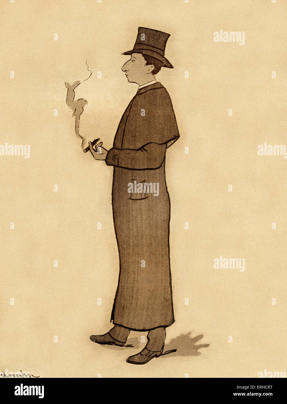 Maurice Barrès, tragen einen Mantel und Hut in voller Länge und Rauchen, Karikatur. Französischer Schriftsteller, Journalist und Politiker, 19 Stockfoto