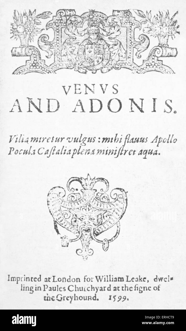Frontispiz von "Venus und Adonis", 1599. Gedicht von William Shakespeare mit einem Grundstück basierend auf Passagen aus Ovids "Metamorphosen". Stockfoto