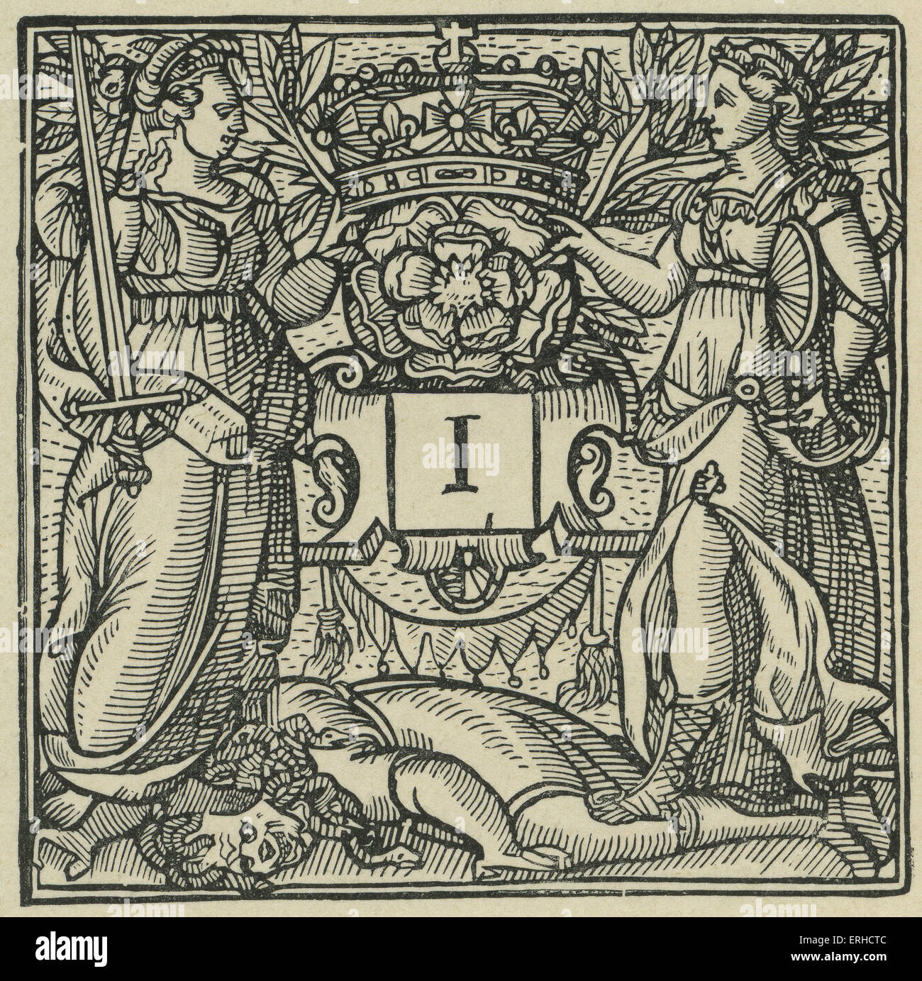 Ersten Sie Buchstaben "I" von Sidneys Arcadia, 1590. Zeigt zwei bewaffnete Frauen trampling eine Medusa-Figur mit Schlangen für die Haare. Anfängliche Stockfoto