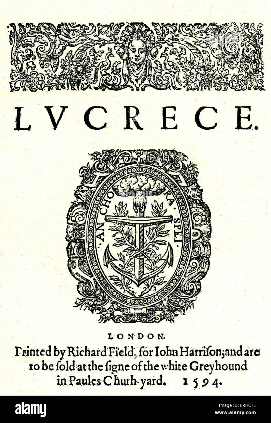 Titelseite von Shakespeares "Lucrece", 1594 Quarto. Text lautet: "Lucrecue. London. Gedruckt durch Richard Feld für John Stockfoto