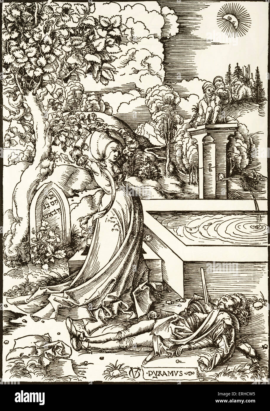 Pyramus und Thisbe, Holzschnitt von Urs Graf c 1506-7. Geschichte von Ovids Metamorphosen. Thisbe steht unter dem Maulbeerbaum, Betrachtung der Figur des Pyramus, auf sein Schwert gefallen ist. In der Ferne auf der rechten Seite ist die Löwin, die Pyramus fälschlicherweise vermutet hatte, Thisbe, die Ursache seiner Trauer zu töten. Hinter Thisbe befindet sich das Grab des Ninus mit Hebräisch schreiben um den Ursprung der Legende anzugeben. Neben Thisbe spiegelt sich der Mond in den Pool eines Brunnens. Auf dem Brunnen sitzt einen Bauer. Stockfoto