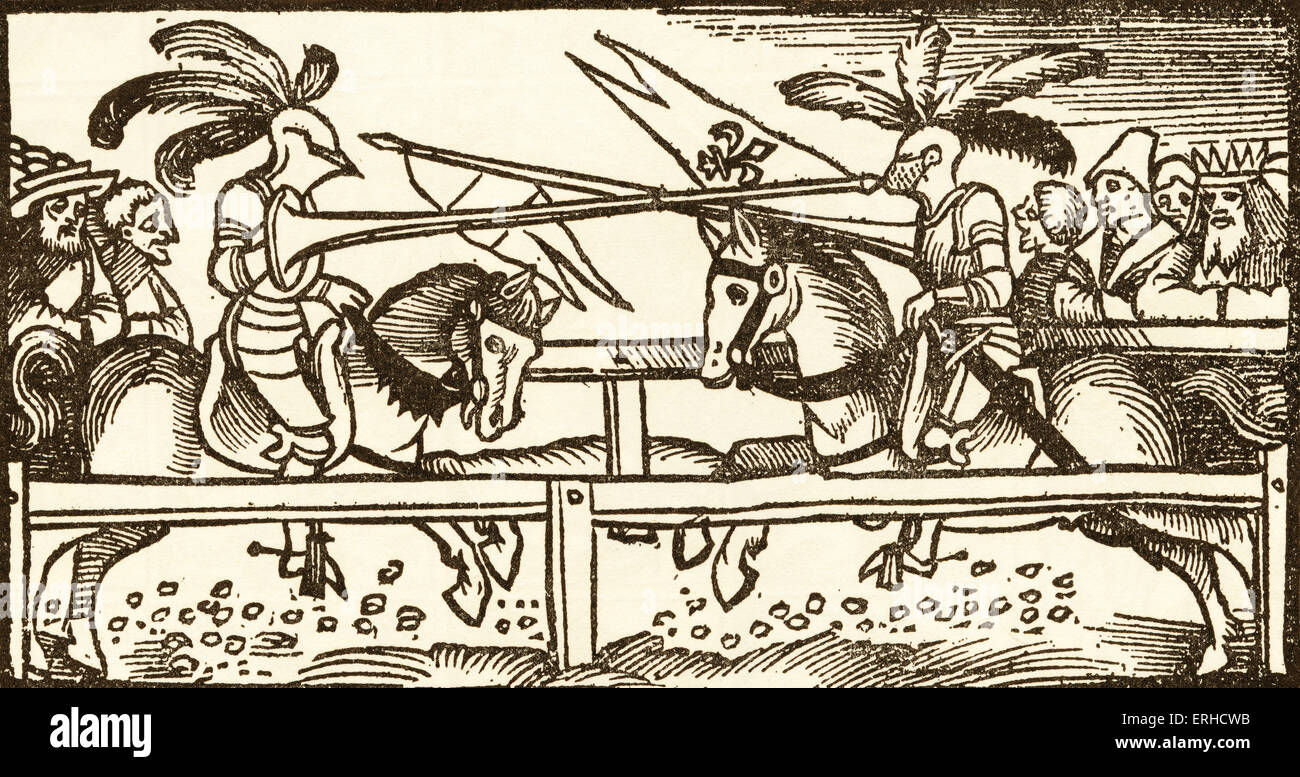 Ein Turnier, Holzschnitt von Urs Graf, 1521, von zwei Geschichten der Ritterlichkeit. Zwei Ritterturniere Ritter in Rüstungen gegeneinander auf Stockfoto