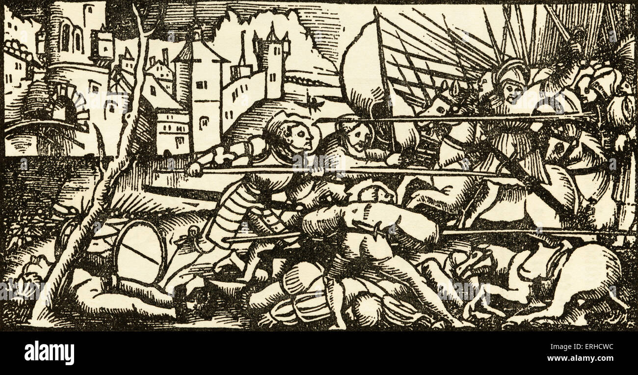 Eine Feldschlacht, Holzschnitt von Urs Graf, 1521, von zwei Erzählungen des Rittertums. Pikeniere auf Fuß Angriff Soldaten auf dem Pferderücken, die tragen Stockfoto