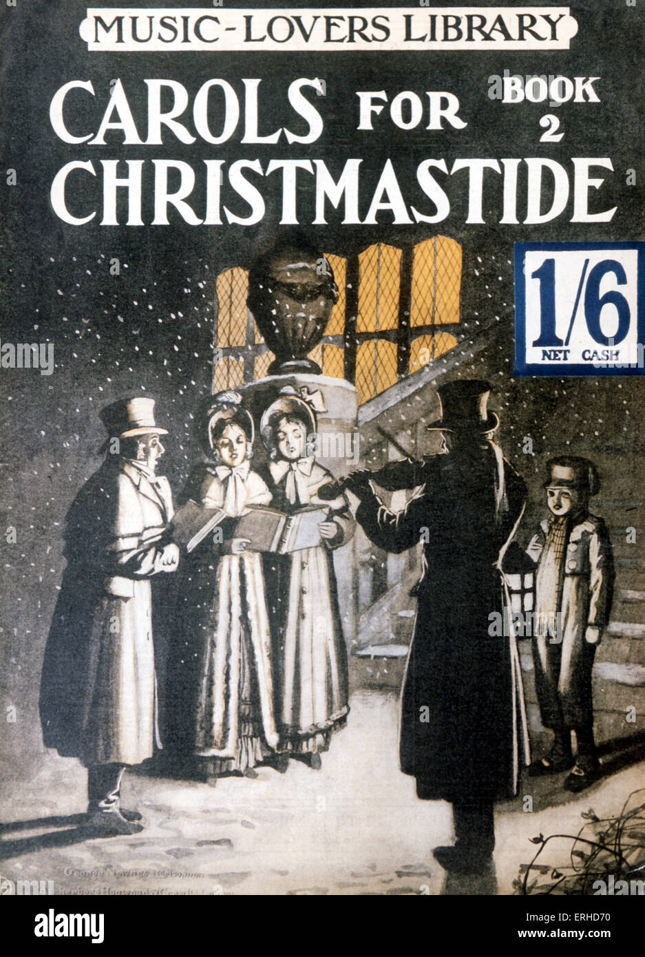 Xmas-Carol-Score zu decken. Sternsinger - Weihnachtslieder für Weihnachten viktorianischen carol Singers mit Geige Spieler Stockfoto