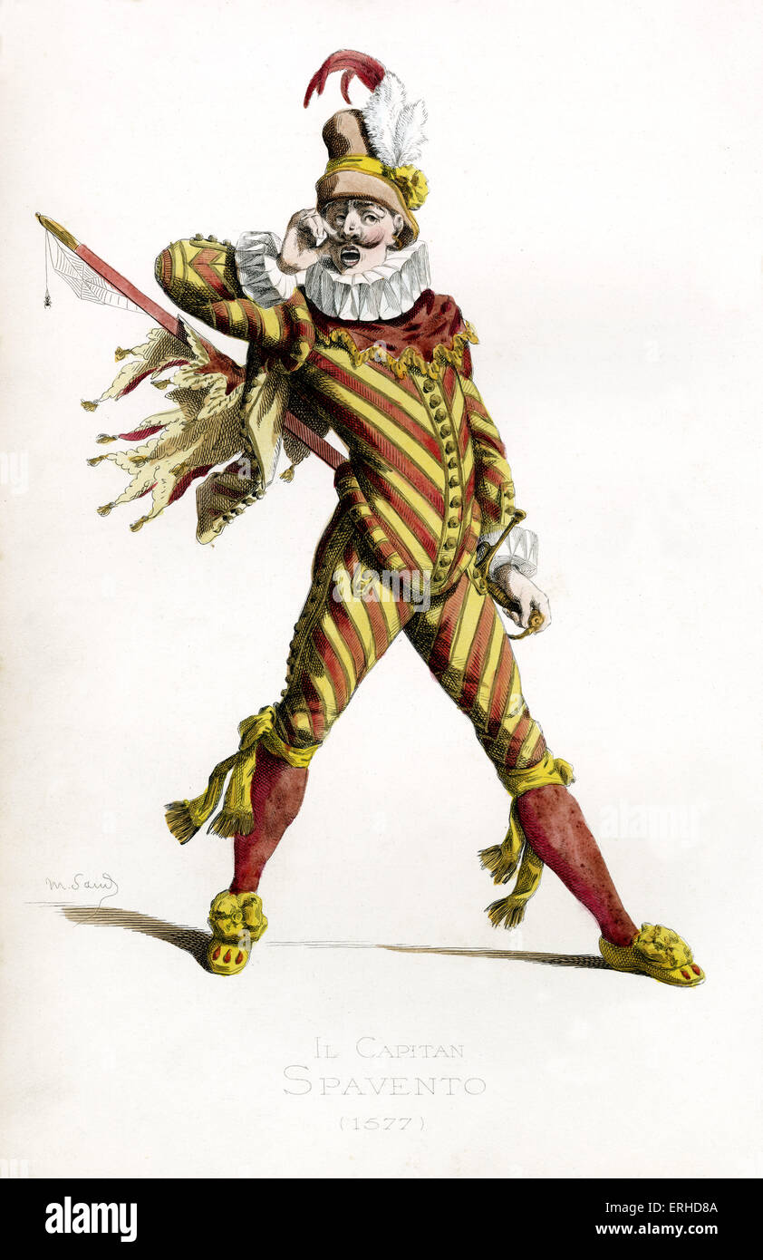 Il Capitano Spavento Kostüm, 1577 - gezeichnet von Maurice Sand, veröffentlicht im Jahre 1860. Commedia Dell' Arte Charakter. Italienische Version des spanischen Capitan Matamoros und Französisch Capitaine Fracasse. Er trägt einen Hut, gekräuselten Kragen. Stockfoto
