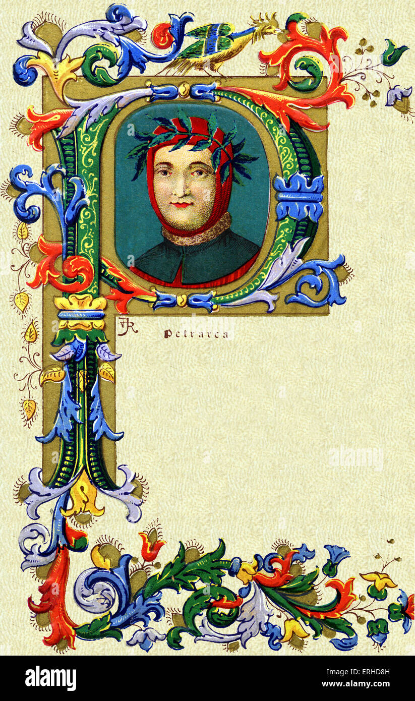 Francesco Petrarch Porträt in einem dekorativen Buchstaben 'P'.  14thC italienischer Dichter.  Seine Gedichte haben von Schubert vertont worden, Stockfoto