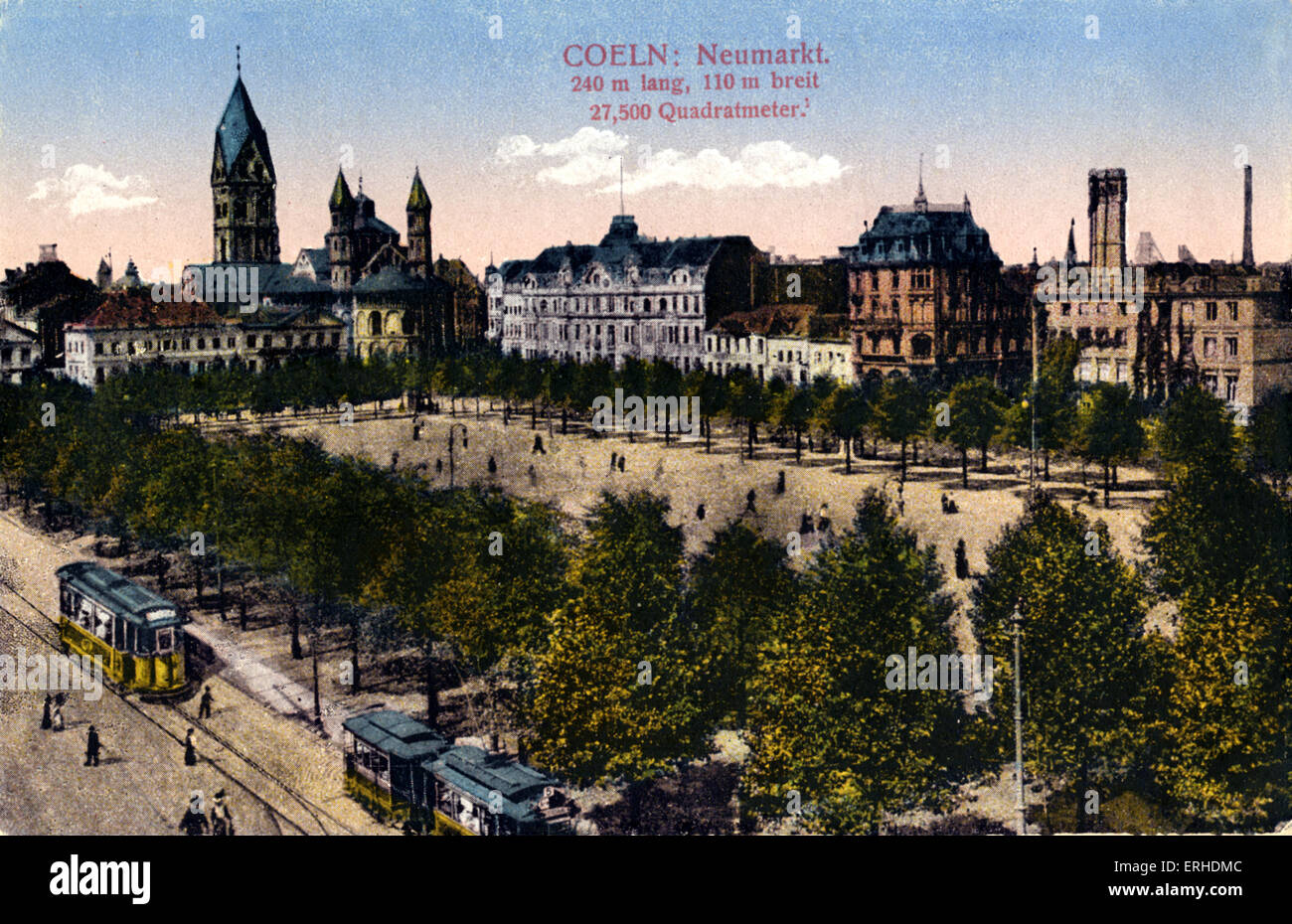 Köln-Marktplatz (Neumarkt) Wende des 20. Jahrhundert-Blick auf Straße mit Straßenbahnen und s-Bahnlinien, Bäume, Stadthäuser.  Köln. Stockfoto