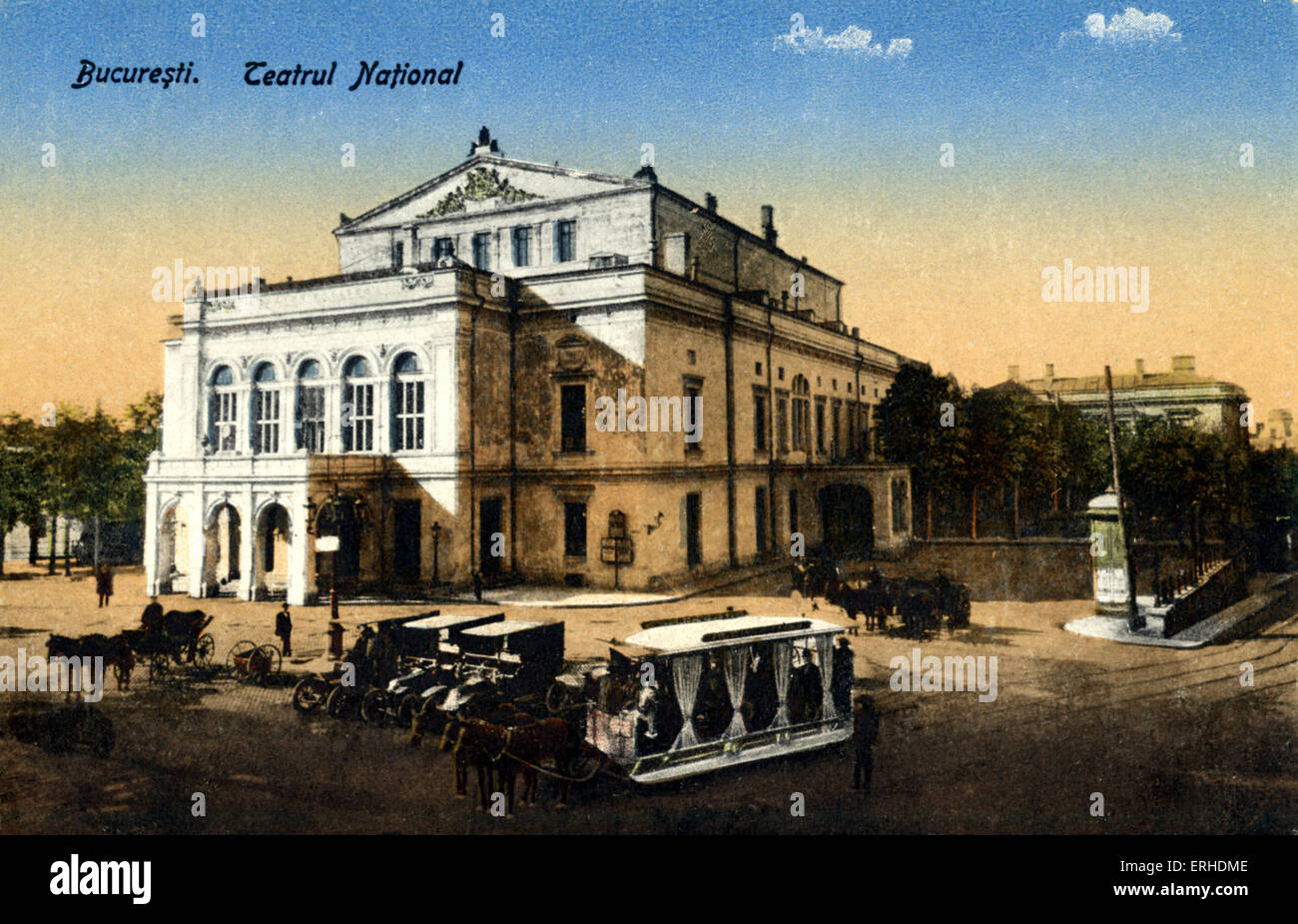 Das Nationaltheater in Bukarest an der Wende des Jahrhunderts. Unter ungarischer Verwaltung jetzt in Rumänien.  Straßenszene. Stockfoto