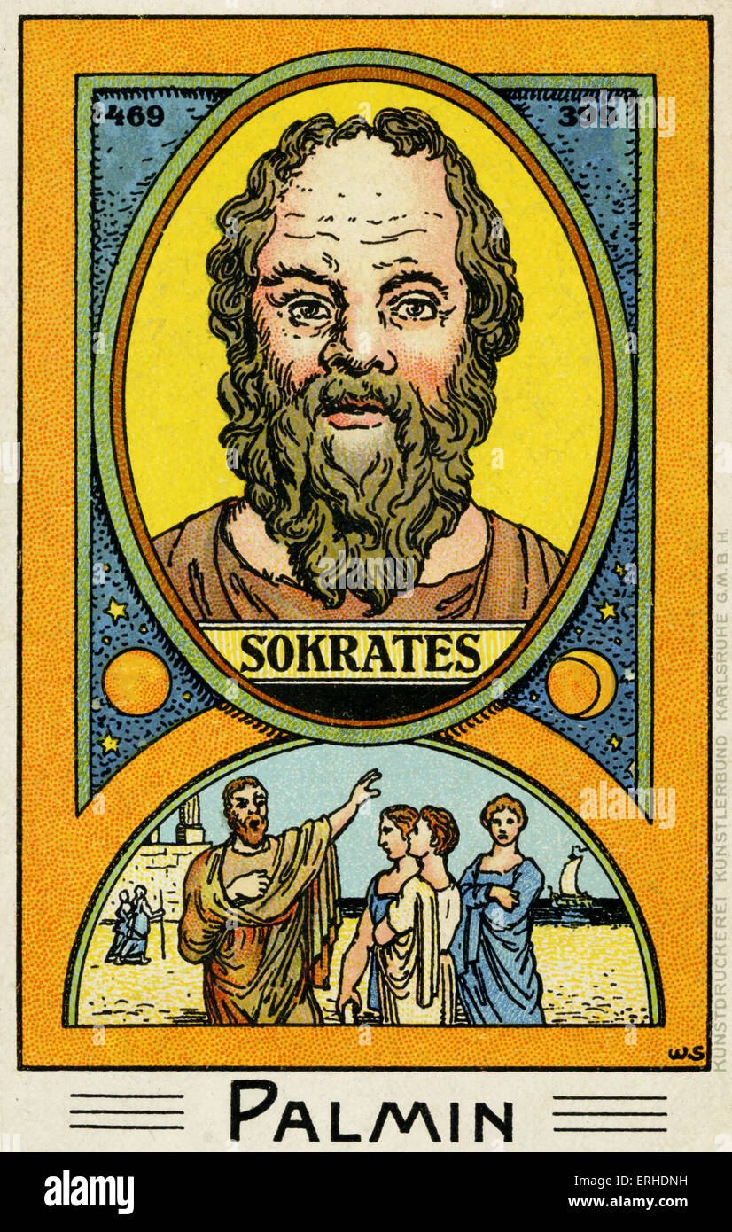 Sokrates - illustriertes Porträt Szene vertritt ihn im Gespräch mit den Menschen.  Griechischer Philosoph, 429-399 AD. Palmin Stockfoto