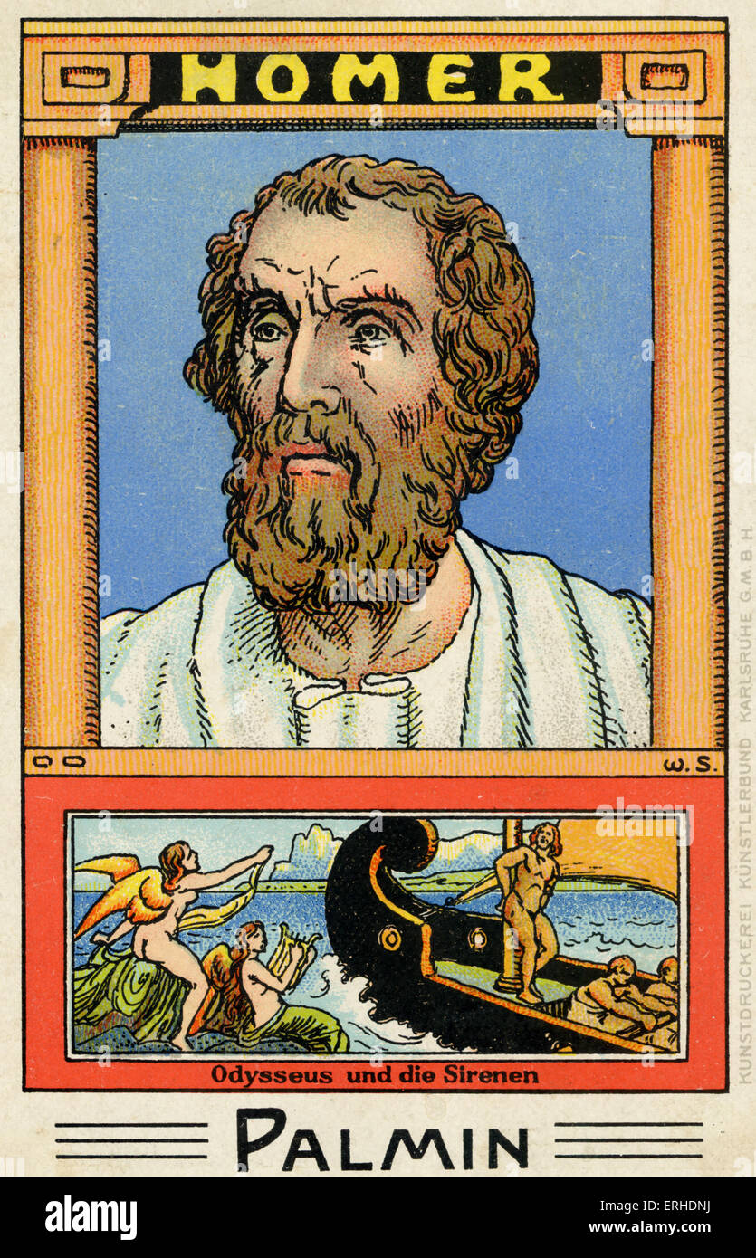 Homer - illustrierte Portrait. Szene-Odysseus und die Sirenen.  Griechische Schriftsteller. Palmin Abholkarte. Stockfoto