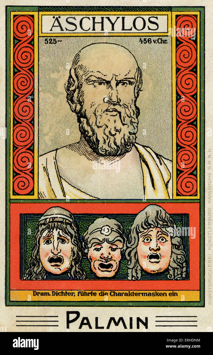 Aischylos - illustrierte Portrait. Die Szene zeigt Masken seiner Figuren in Stücken. Griechischer Philosoph, Schriftsteller und Dramatiker. 525-456 N. CHR.. Palmin Abholkarte. Stockfoto