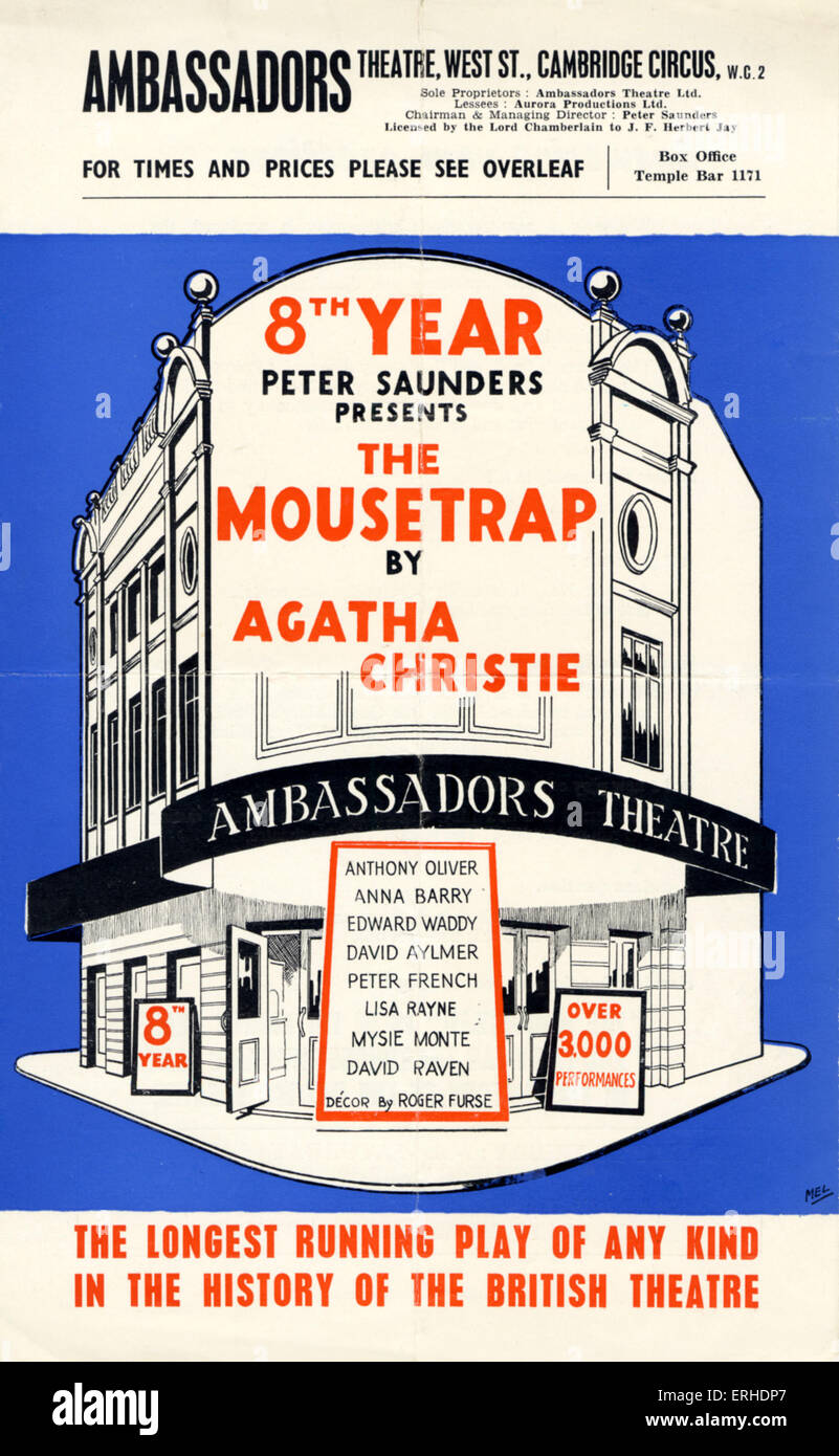 Agatha Christie spielen "The Mousetrap". Prospekt von der Produktion der Botschafter Theatre, London, im 8. Jahr (1960). Stockfoto