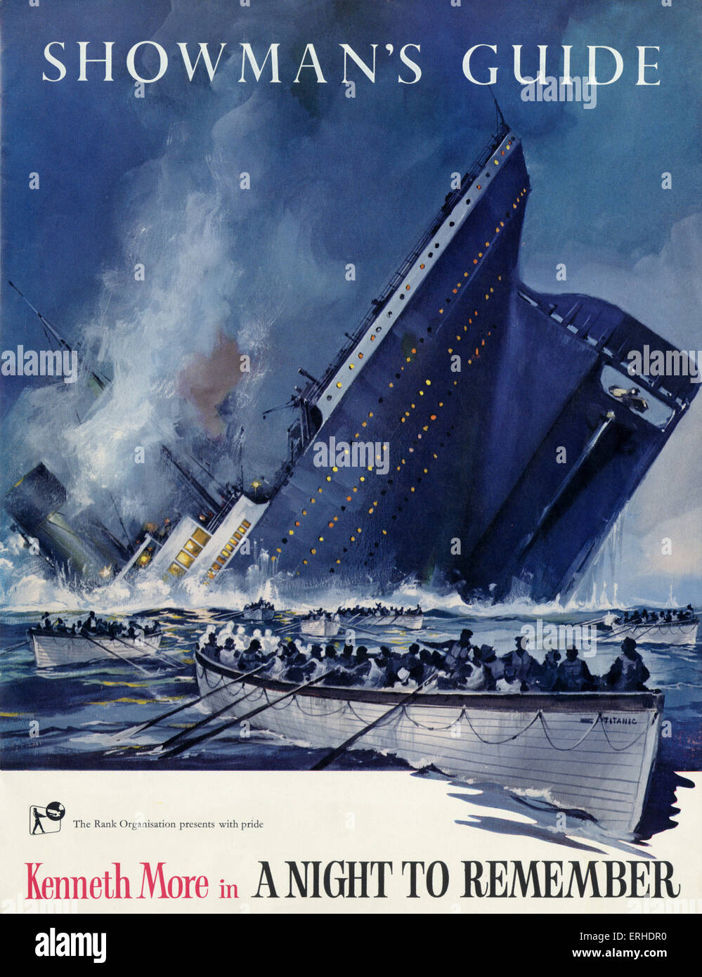 Titanic-Untergang auf dem Cover der Schausteller Guide für den Rank Organisation-Film "A Night to remember" mit Kenneth More Stockfoto