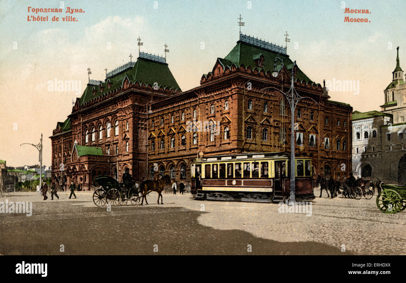 Moskauer Duma, Rathaus, Hotel de Ville Regierung, Rat, Straßenbahn und Kutsche vor der revolution Stockfoto