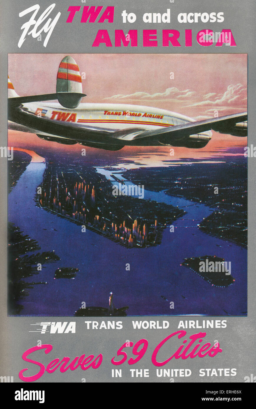 Trans World Airline-Werbung für Flüge von und in ganz Amerika, veröffentlicht in La Scala, 15. Dezember 1950. Stockfoto