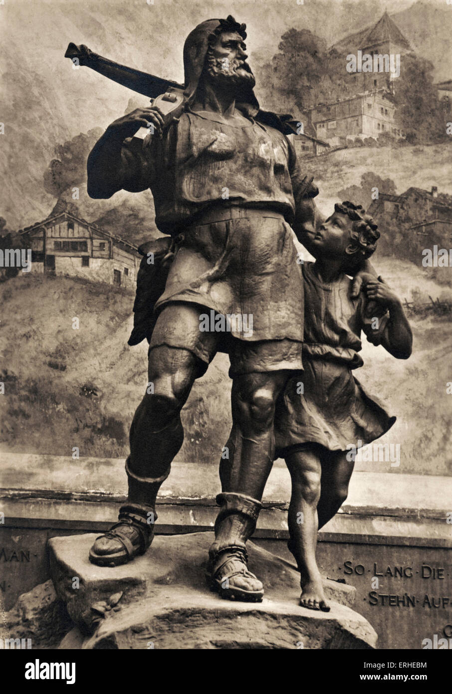 Wilhelm / Wilhelm Tell - Statue des Schweizer Volkshelden berühmt für Bogenschießen, von Friedrich von Schiller Gedichte verewigt und Stockfoto
