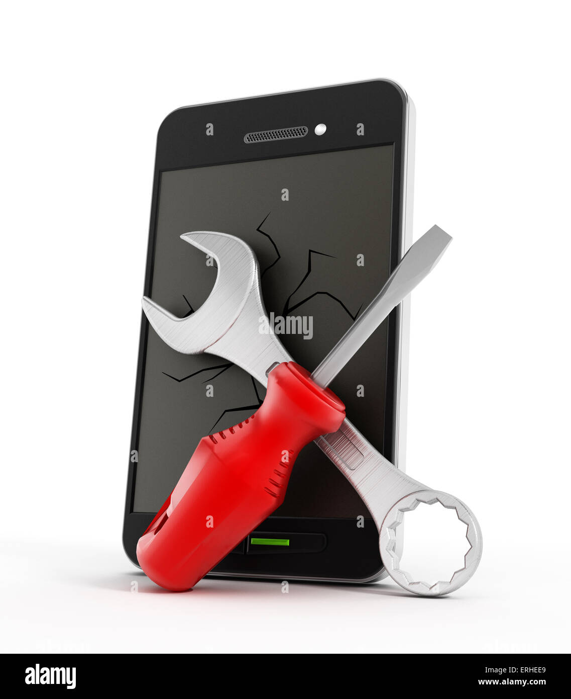 Smartphone mit gebrochenen Bildschirm und Reparatur-Tools isoliert auf weiss. Stockfoto