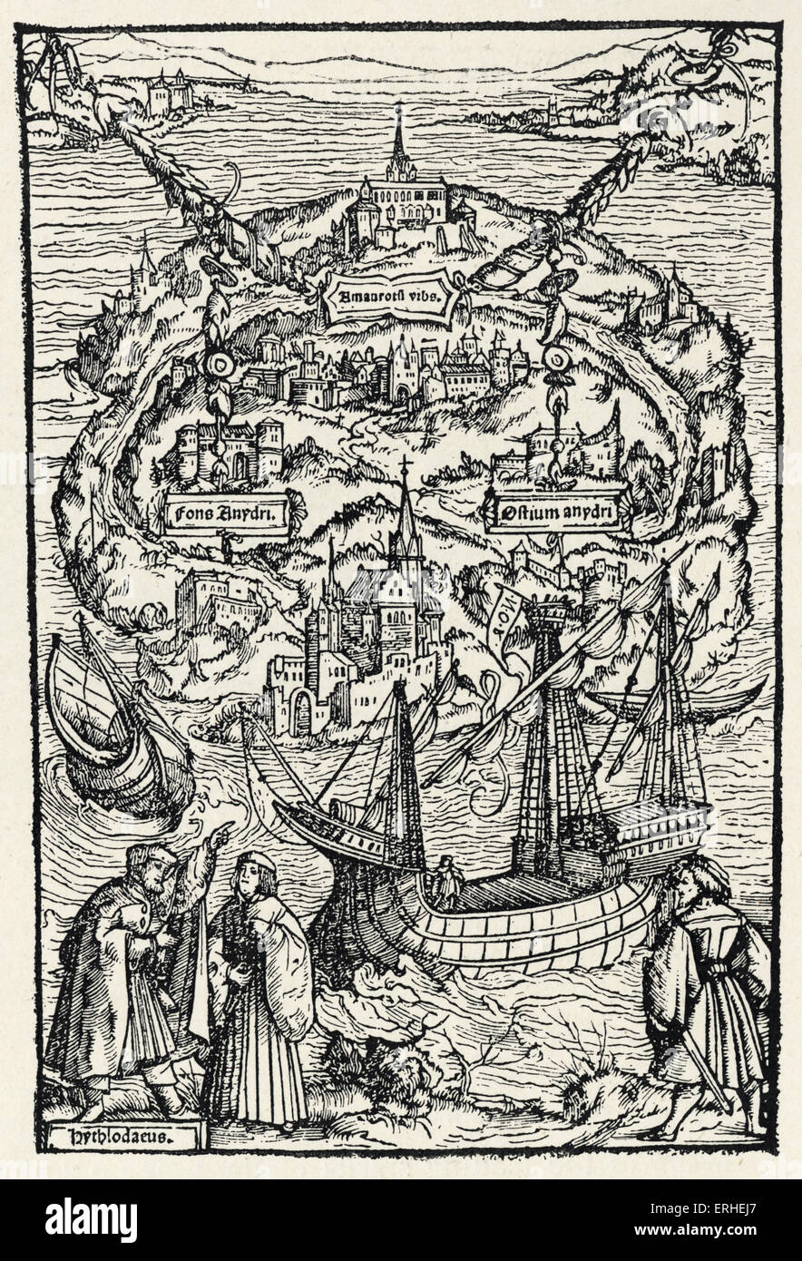 Utopie - geschrieben von Sir Thomas More - Illustration - Plan der Utopie 1518 Stockfoto