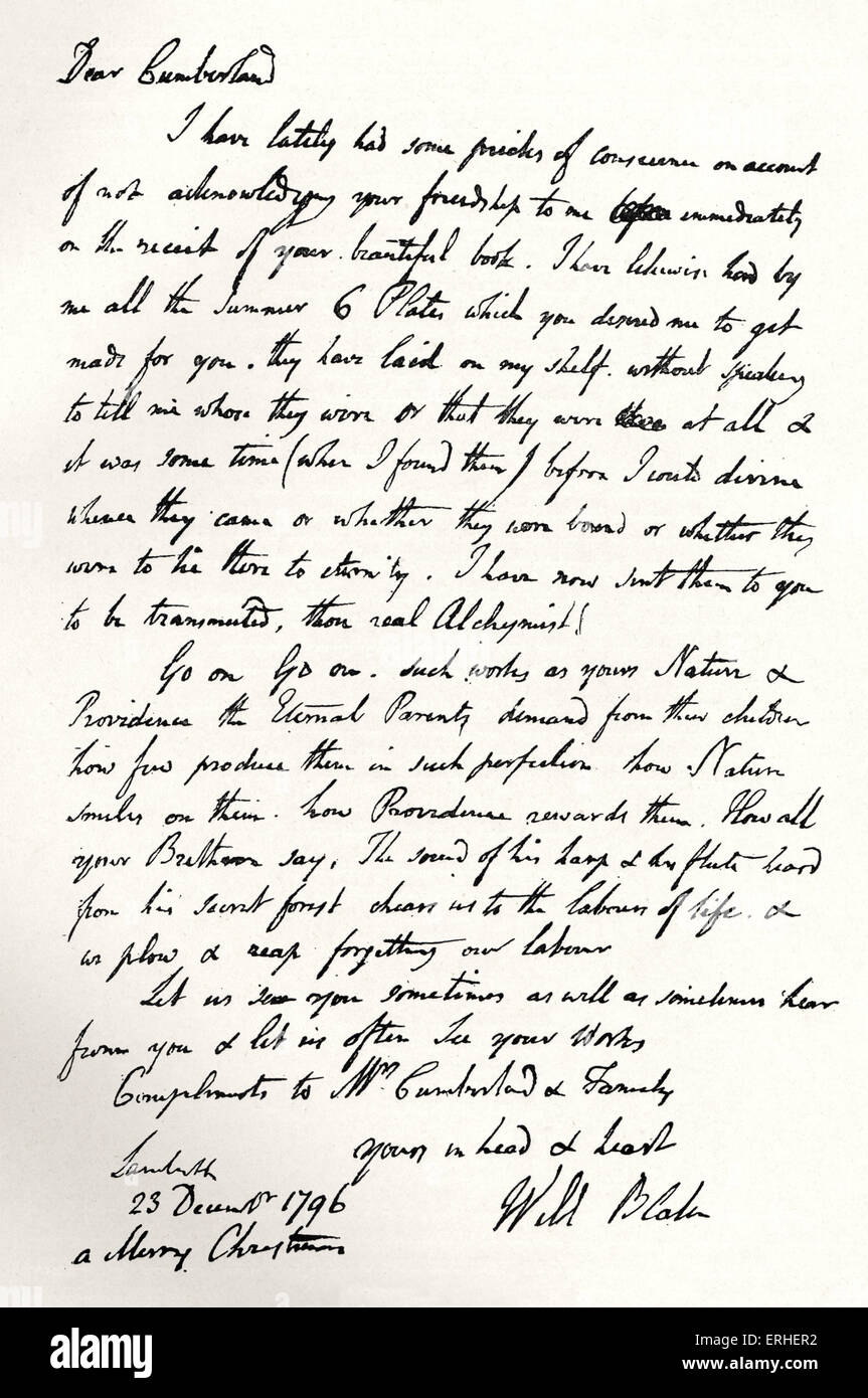 William Blake Faksimile eigenhändiger Brief an Richard Cumberland. Britischer Dichter, Maler und Kupferstecher 28. November 1757 - 12 August Stockfoto