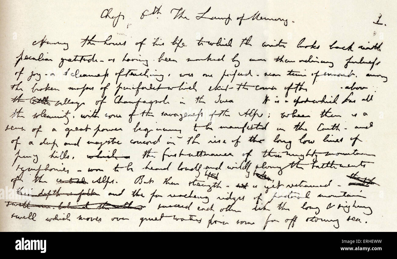 John Ruskin - Teil des Manuskripts von "The Lamp of Memory" von der englischen romantischen Schriftsteller und Maler, Wissenschaftler, und Stockfoto