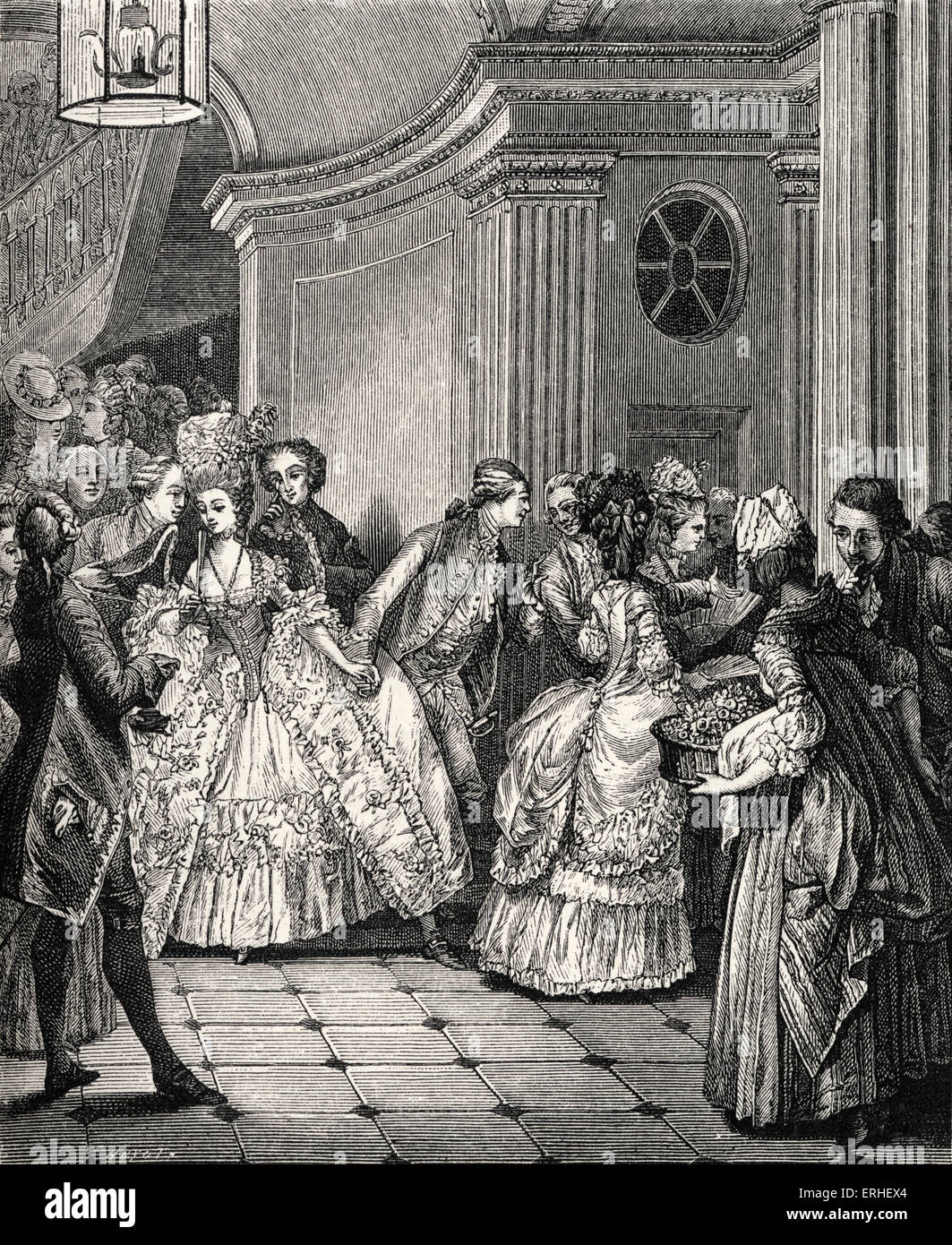 Geschichte des Theaters: "Aus der Oper".  Große innere des Paris Opéra Garnier, modische Herren und Damen verlassen die Stockfoto