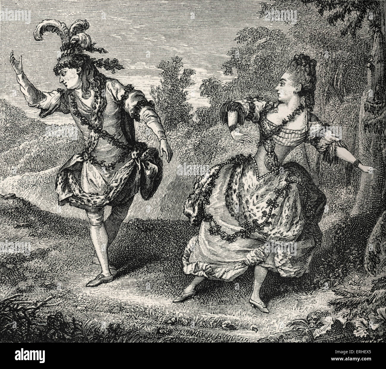 Geschichte des Balletts: "Pas de Deux" von Dauberval und Mademoiselle Alard in der Oper "Sylvie", 1766 durchgeführt. 18. Jahrhundert Stockfoto