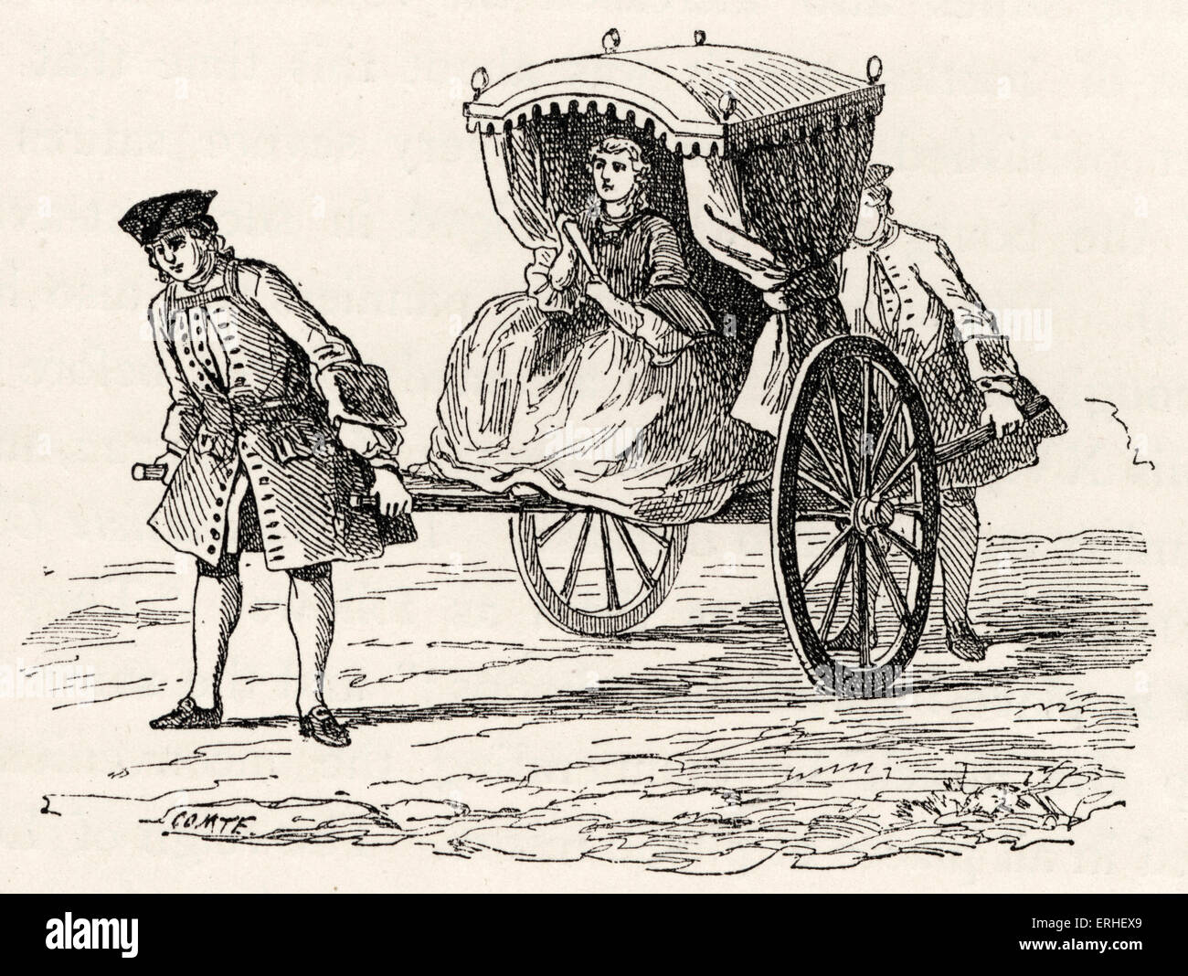 Alltag in der Geschichte Frankreichs: eine Dame gekleidet in ihr modisch immer "Chaise Roulante, gezeichnet von ihren Dienern. Adel, Stockfoto