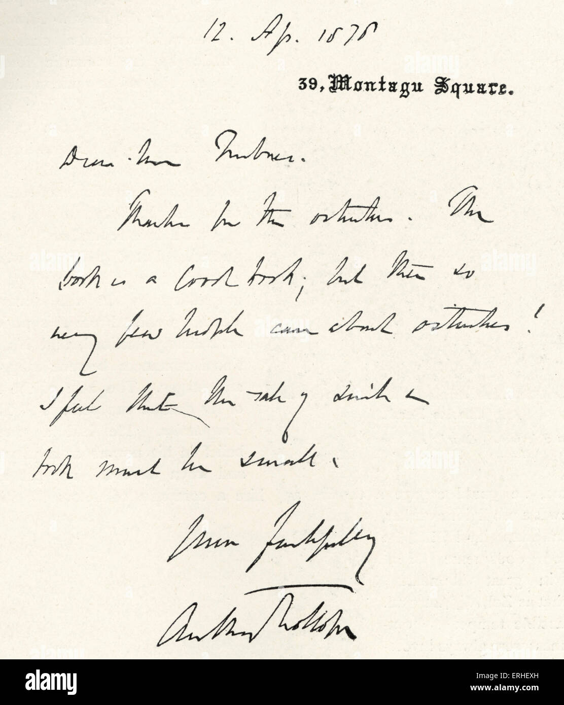 Anthony Trollope - signierte Fascimile Brief der englische Schriftsteller an Herrn Trubner.  1815-1882. Stockfoto