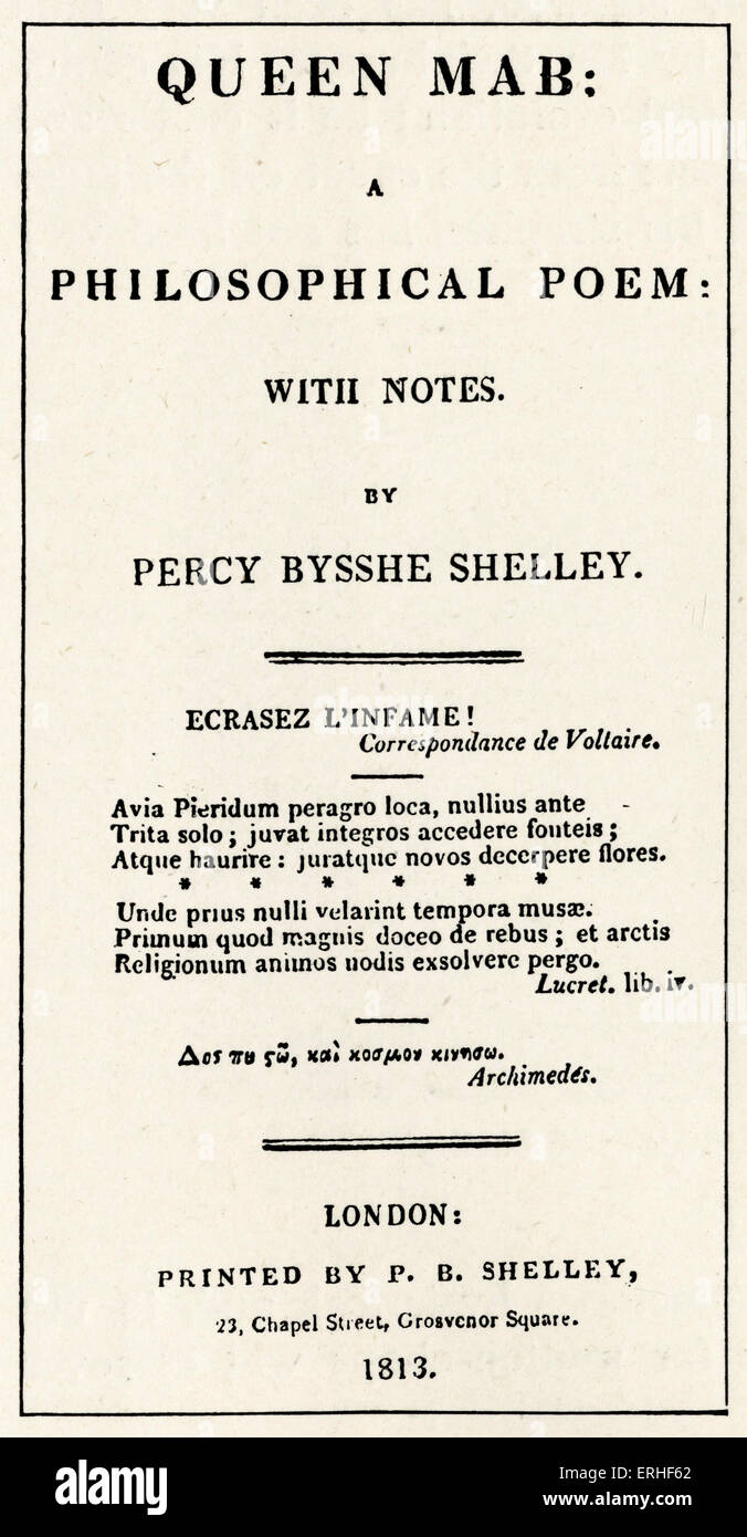 Percy Bysshe Shelley - Titelblatt des "Queen Mab" 1813 durch den englischen Dichter. 4. August 1792 - 8. Juli 1822.  Byron-Verbindung. Stockfoto