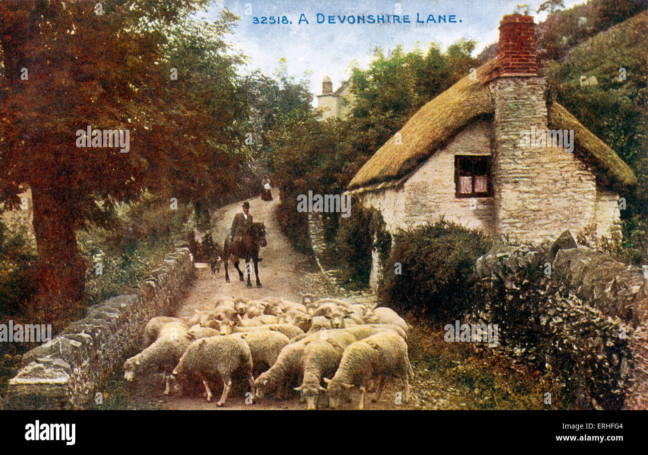 Ein Devonshire Lane - generische englischen Country-Ansicht - mit Hütte und Schafe. Mann auf Reiten tragen Reiten Hat. Stockfoto