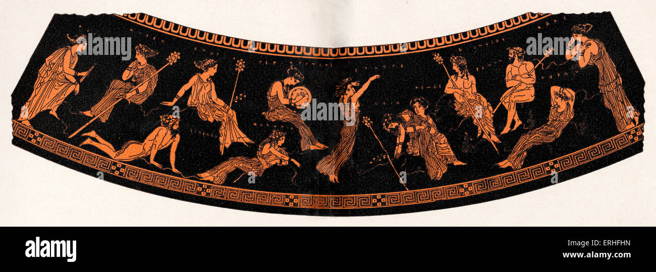 Antike griechische Außenillustration Apotheose der Poesie des Dionysos, Gott des Weines - repräsentiert einen Ball für Dionysos mit gegeben Stockfoto