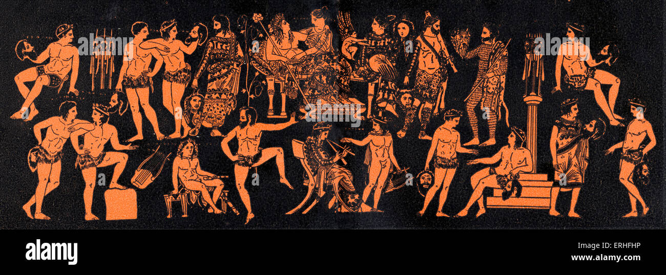 Antike griechische Theater - Darstellung der Kerngruppe des Dionysos und Ariadne in einem satirischen Drama. Stockfoto