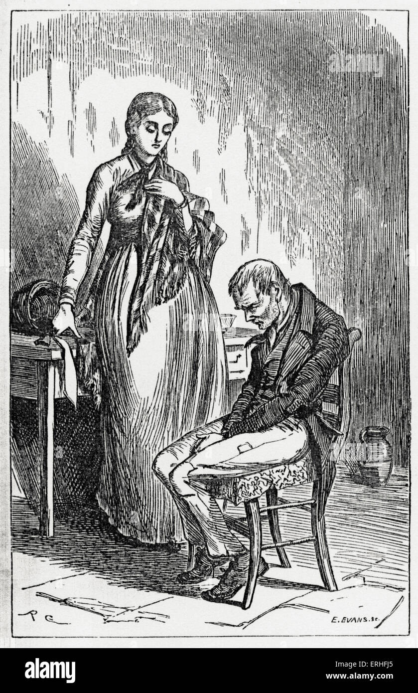 Elizabeth Gaskell Roman "Mary Barton" veröffentlicht erstmals 1848. Mit dem Untertitel "A Tale of Manchester Life" - einen der ersten Romane zur Arbeiterklasse Zeichen enthalten. Bildunterschrift lautet "Mary und ihr Vater". Britische Schriftstellerin 1810-1865. Stockfoto