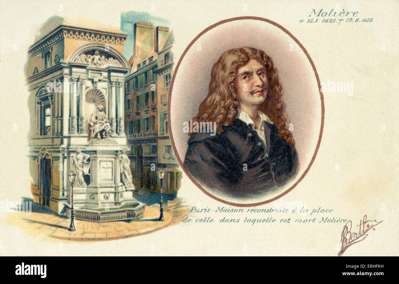 Moliere (richtiger Name: Jan-Baptiste Poquelin) - Porträt mit Denkmal zu ihm - französischen Dramatiker, Comic-illustration Stockfoto