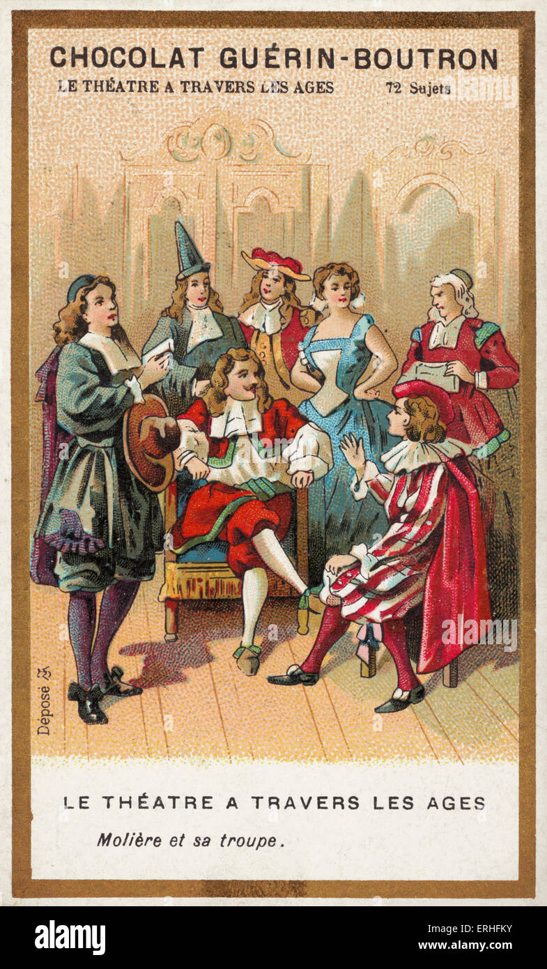 Moliere (richtiger Name: Jan-Baptiste Poquelin) - Porträt mit seiner Truppe von Schauspielern. Französischer Dramatiker, comic Dramatiker und Theater Stockfoto
