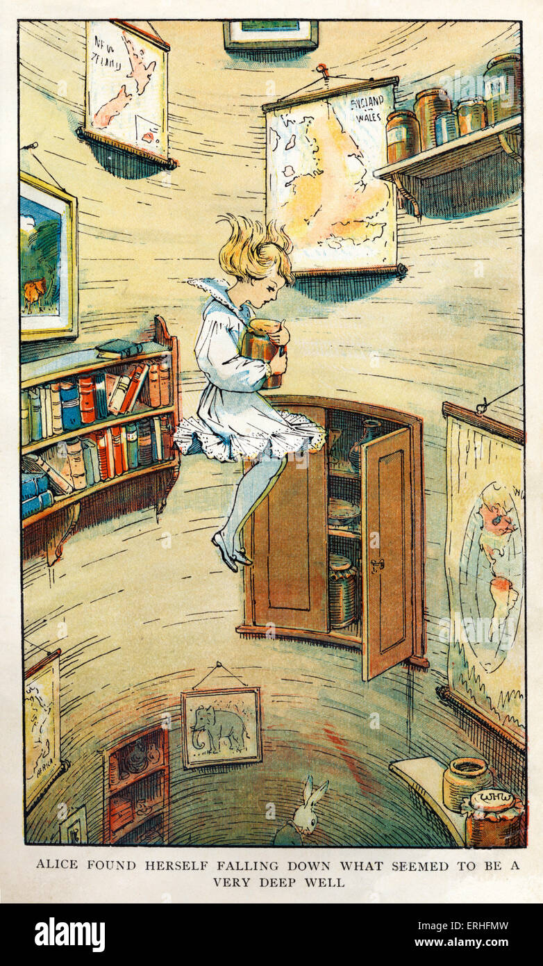 Alice im Wunderland von Lewis Carroll (Charles Lutwidge Dodgson). Bildunterschrift lautet: "Alice fand sich herunterfallen, was zu einem sehr tiefen Brunnen zu sein schien." Englischer Schriftsteller und Mathematiker Kinder-27. Januar 1832 14. Januar 1898. Zuerst veröffentlicht 1865. Illustrationen von W H Walker 1907 Ausgabe. Stockfoto