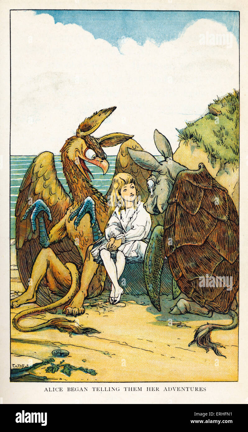 Alice im Wunderland von Lewis Carroll (Charles Lutwidge Dodgson). Bildunterschrift lautet: "Alice begann, ihnen zu sagen, ihre Abenteuer", mit die falsche Schildkröte und Gryphon.English Kinder Schriftsteller und Mathematiker 27. Januar 1832 14. Januar 1898. Zuerst veröffentlicht 1865. Illustrationen von W H Walker 1907 Ausgabe. Stockfoto