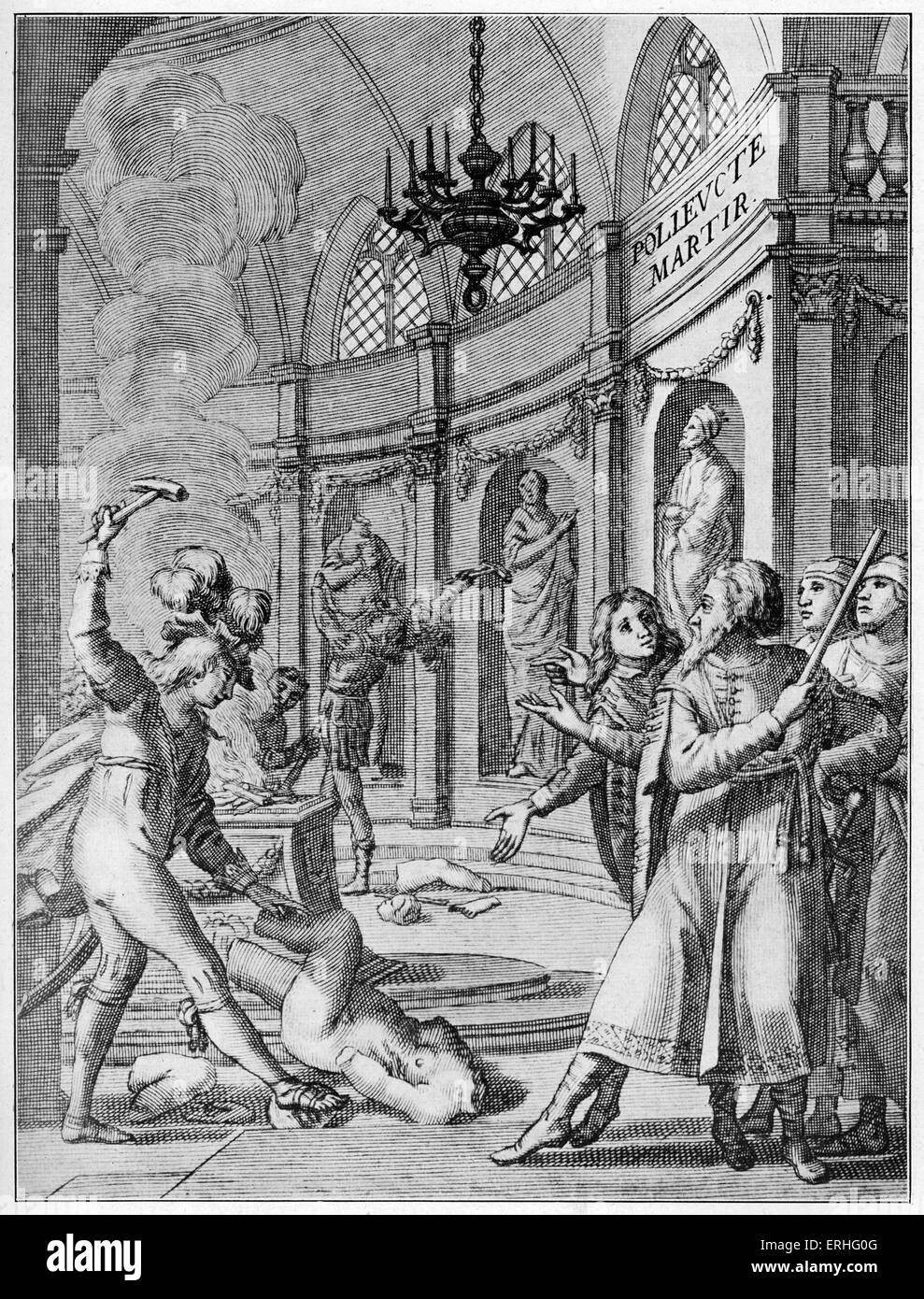 Lindert / Polyeuctus, Gravur für Frontispiz der ursprünglichen 1643-Version des Stücks von Corneille.  Ein römischer Offizier, der Stockfoto