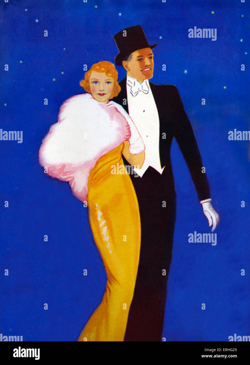 1930er Jahren paar im Abendkleid gehen in der Stadt. Zylinder, gelben Kleid mit weißem Pelz Umhang und Nachtblau Himmel mit Sternen. Weiße Handschuhe, Abendkleid. Stockfoto